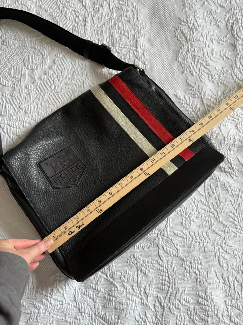 Tag Heuer Crossbody messenger bag pebbled leather luxury black Men’s